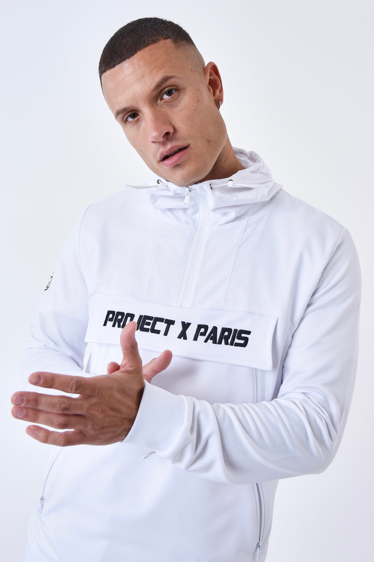 Sweat capuche Project X Paris bimarière type coupe-vent blanc